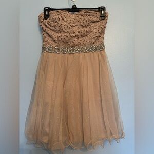 City Triangles Strapless Tan Lace Dress with Sparkling Waist